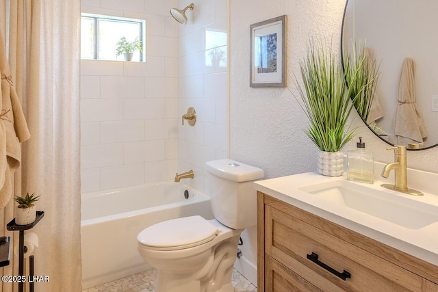 1364 Candy Dr, Lake Havasu City, AZ 86404 - bathroom with a textured wall, toilet, vanity, and shower / bath combo with shower curtain