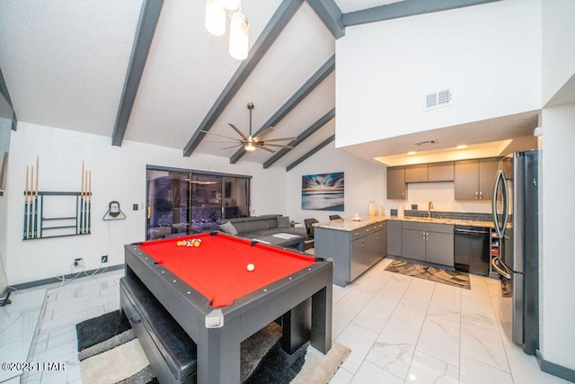 rec room featuring a sink, marble finish floor, visible vents, and beam ceiling