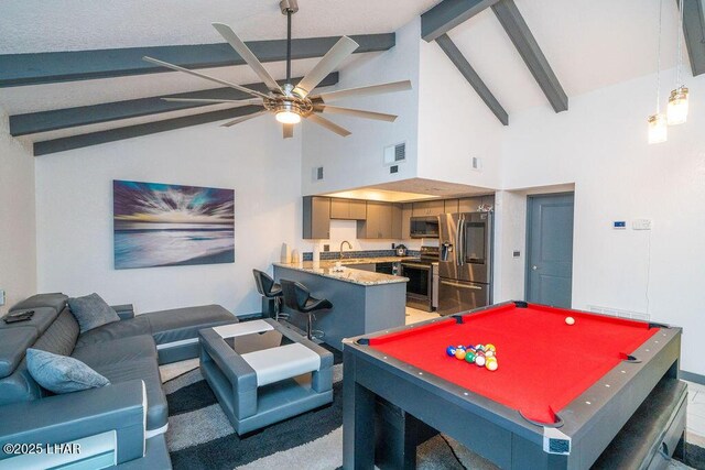 recreation room with ceiling fan, pool table, a sink, visible vents, and beam ceiling