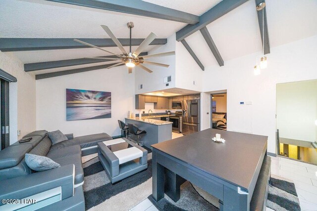 living room featuring vaulted ceiling with beams, ceiling fan, and visible vents