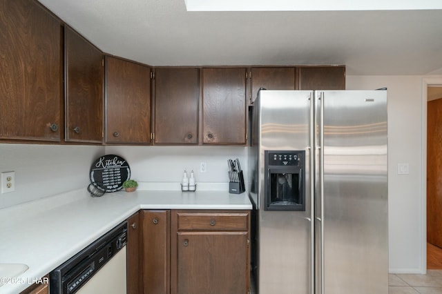 kitchen with light countertops, dark brown cabinets, white dishwasher, and stainless steel fridge with ice dispenser