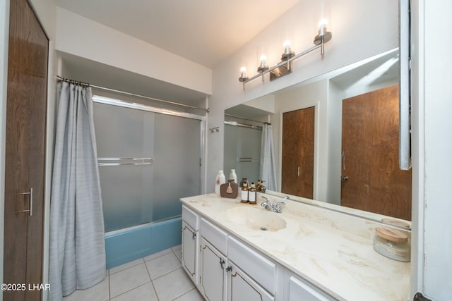 full bathroom featuring tile patterned flooring, shower / tub combo with curtain, and vanity