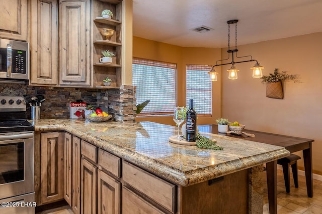 kitchen featuring light stone counters, stainless steel appliances, visible vents, open shelves, and tasteful backsplash