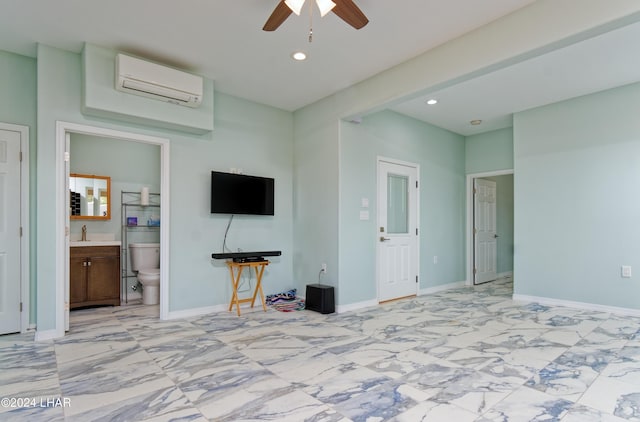 living area featuring a wall mounted air conditioner, baseboards, ceiling fan, and recessed lighting