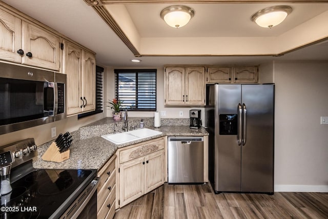 kitchen featuring sink, stainless steel appliances, dark hardwood / wood-style floors, a tray ceiling, and light brown cabinets