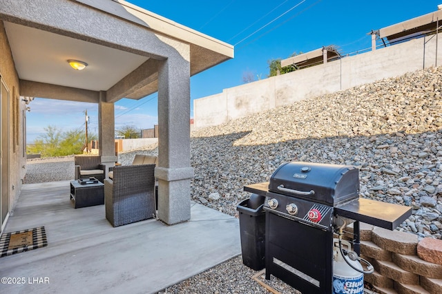 view of patio featuring a fenced backyard and grilling area