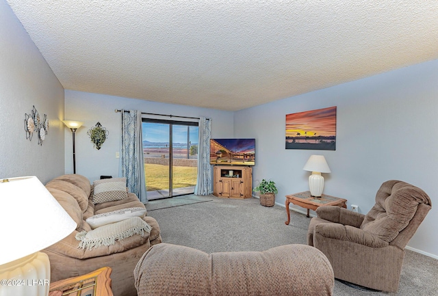 living room featuring carpet flooring and a textured ceiling