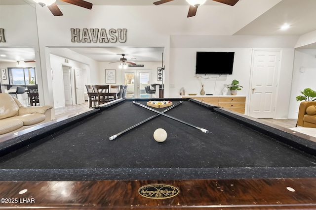 recreation room with ceiling fan, billiards, and a healthy amount of sunlight