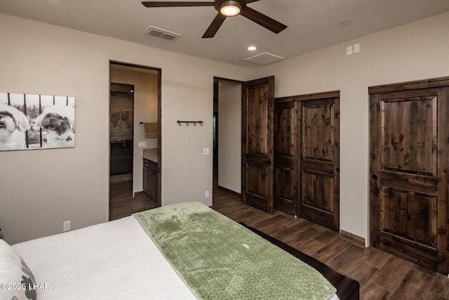 bedroom featuring ensuite bathroom, wood finished floors, ceiling fan, visible vents, and recessed lighting