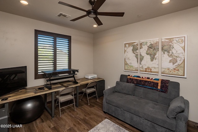 home office with recessed lighting, wood finished floors, visible vents, and a ceiling fan