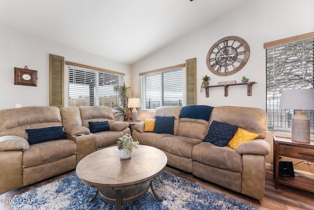 living room with hardwood / wood-style flooring and vaulted ceiling