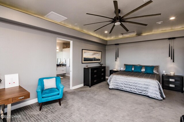 bedroom featuring baseboards, carpet, visible vents, and recessed lighting