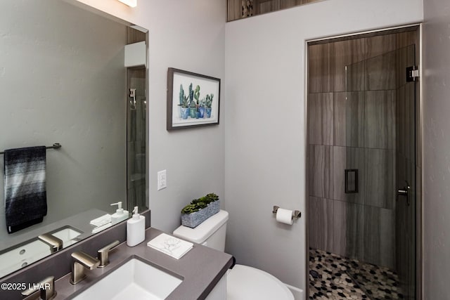 bathroom with tiled shower, vanity, and toilet