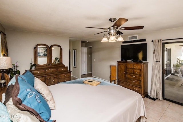 tiled bedroom featuring access to outside and ceiling fan