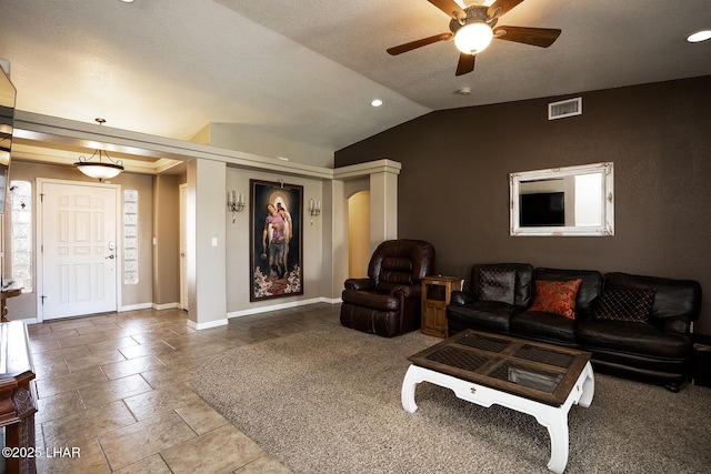 2780 Shasta Ln, Lake Havasu City, AZ 86403 - living area featuring baseboards, ceiling fan, vaulted ceiling, and visible vents