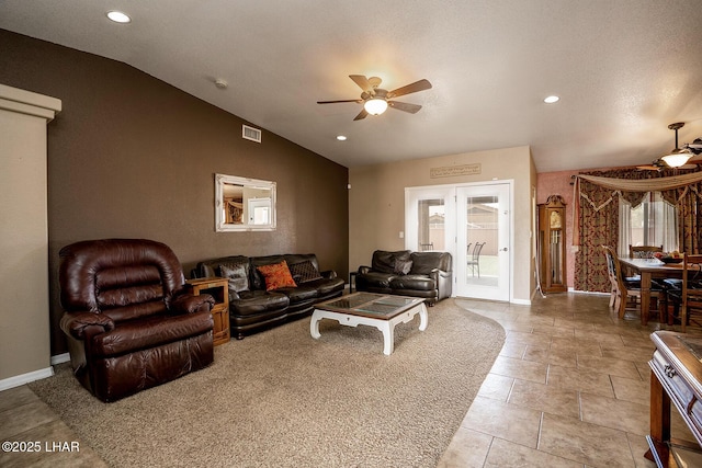 2780 Shasta Ln, Lake Havasu City, AZ 86403 - living area with a ceiling fan, baseboards, recessed lighting, lofted ceiling, and visible vents