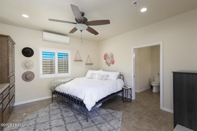 bedroom with recessed lighting, baseboards, ceiling fan, and a wall mounted air conditioner