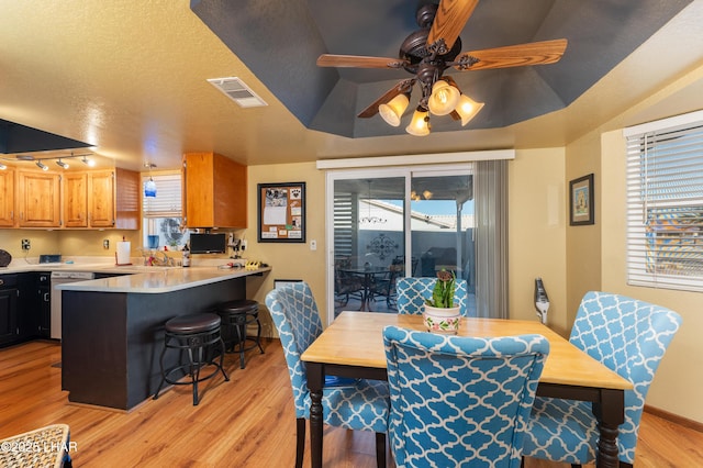 dining area with ceiling fan, a healthy amount of sunlight, light hardwood / wood-style flooring, and a textured ceiling