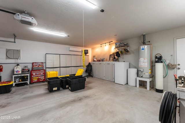 garage with a garage door opener and gas water heater