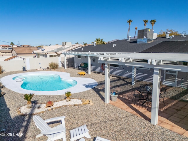 view of swimming pool with a patio, cooling unit, and a pergola