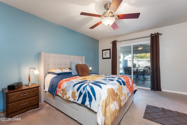 bedroom with light carpet, access to exterior, and ceiling fan