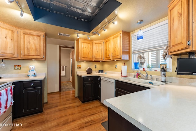 kitchen featuring pendant lighting, dishwasher, sink, stove, and light hardwood / wood-style floors