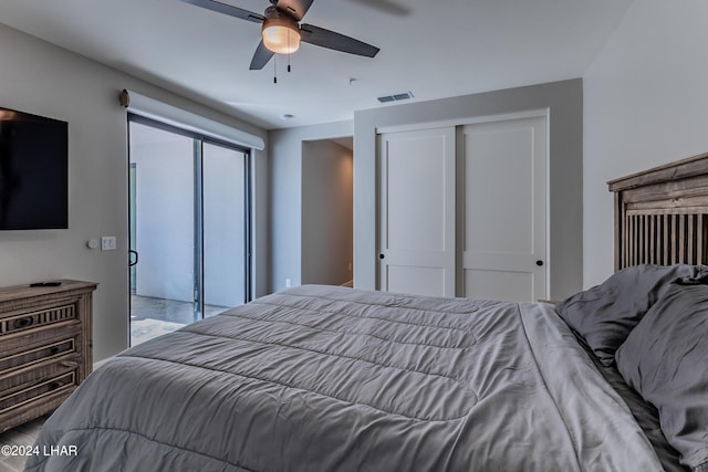 bedroom with multiple windows, a closet, and ceiling fan