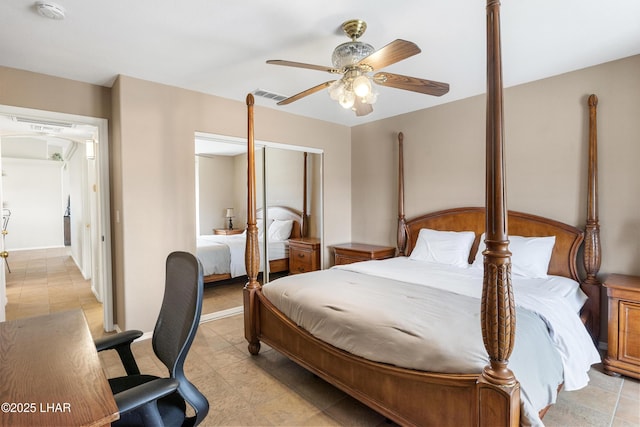 bedroom featuring a closet, visible vents, and a ceiling fan