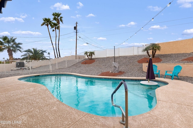 view of pool featuring a fenced in pool, a fenced backyard, and a patio area