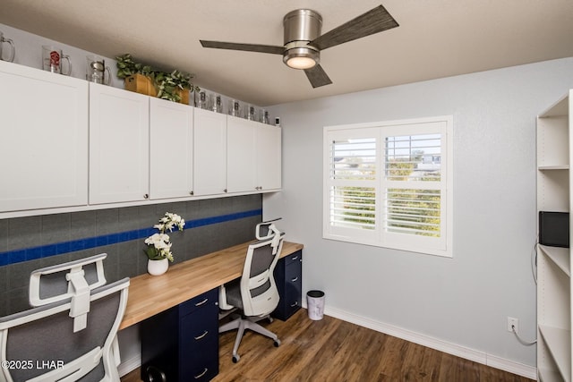 office space featuring ceiling fan and dark hardwood / wood-style floors