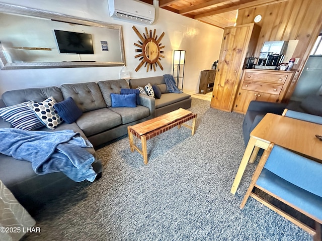 9378 Riverside Dr, Parker, AZ 85344 - living area featuring an AC wall unit, beam ceiling, wood ceiling, and carpet floors