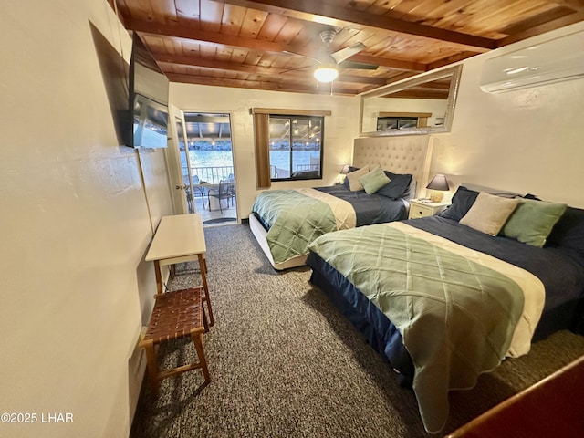 9378 Riverside Dr, Parker, AZ 85344 - bedroom featuring an AC wall unit, wooden ceiling, access to outside, carpet flooring, and beamed ceiling