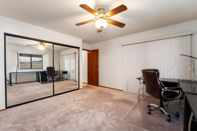 office space featuring baseboards, a ceiling fan, and carpet flooring