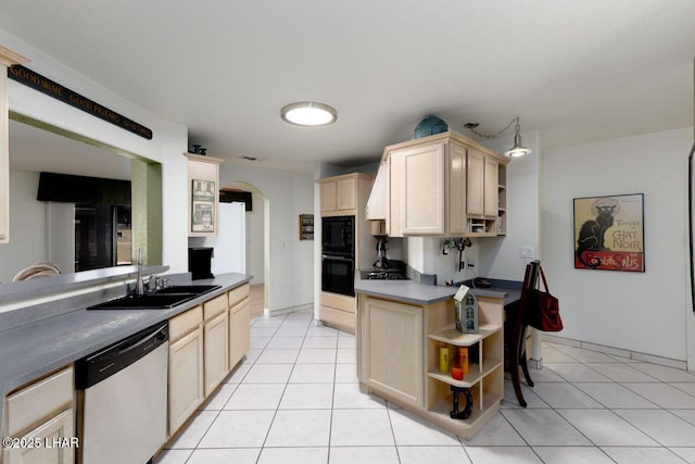 kitchen with arched walkways, black appliances, light brown cabinets, open shelves, and a sink