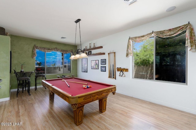 rec room with visible vents, baseboards, wood finished floors, and pool table