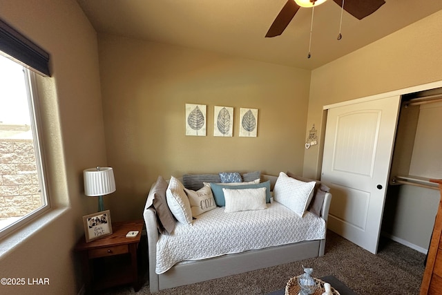 2969 Pony Cir, Lake Havasu City, AZ 86406 - carpeted bedroom with a closet and a ceiling fan