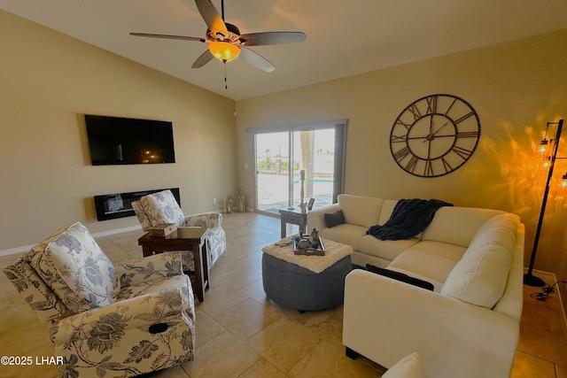 2969 Pony Cir, Lake Havasu City, AZ 86406 - living room featuring vaulted ceiling, ceiling fan, and light tile patterned floors