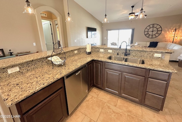 2969 Pony Cir, Lake Havasu City, AZ 86406 - kitchen featuring open floor plan, lofted ceiling, a ceiling fan, arched walkways, and dishwasher