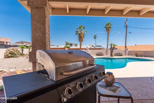 view of pool with a fenced in pool, a patio area, a fenced backyard, and area for grilling