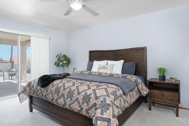 bedroom featuring ceiling fan, baseboards, carpet flooring, and access to exterior