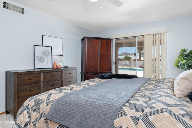 bedroom with visible vents, a ceiling fan, and access to outside