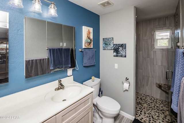 bathroom with vanity, toilet, and a shower with shower door