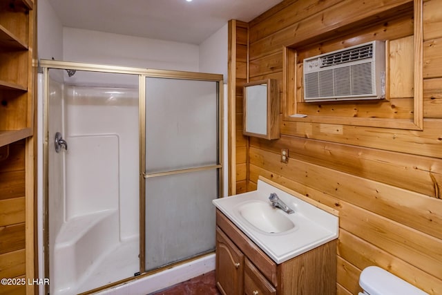 bathroom featuring wood walls, a stall shower, and a wall mounted air conditioner