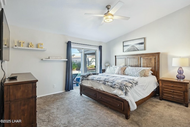 bedroom with carpet, vaulted ceiling, access to exterior, and ceiling fan