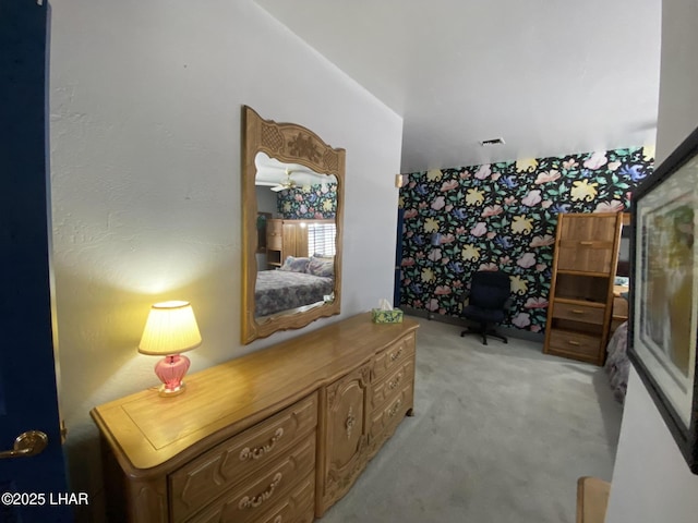 211 Columbine Dr, Lake Havasu City, AZ 86403 - home office featuring visible vents, wallpapered walls, an accent wall, and light colored carpet