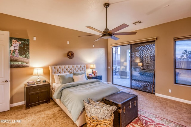 bedroom with baseboards, light colored carpet, visible vents, and access to exterior