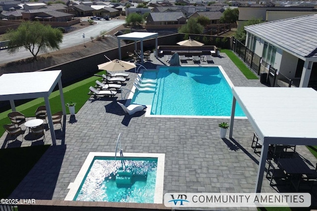 pool featuring a gazebo, a residential view, a fenced backyard, and a patio