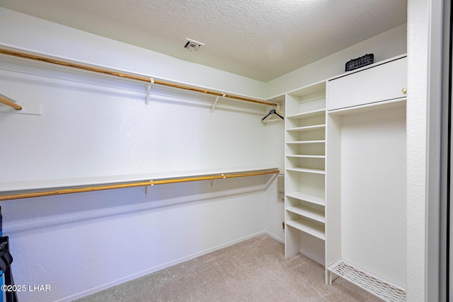 spacious closet featuring light carpet and visible vents