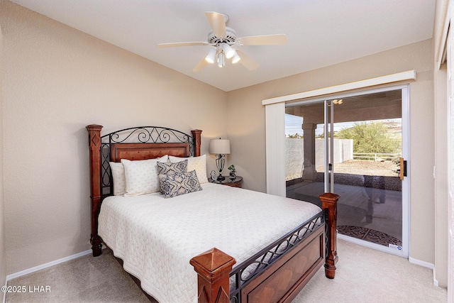 bedroom with light carpet, access to outside, baseboards, and ceiling fan