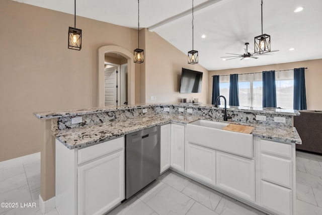 kitchen with white cabinetry, dishwasher, hanging light fixtures, and lofted ceiling with beams